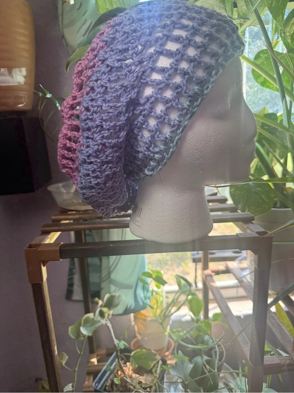 Handmade Crochet Beanie in Plum and Deep Blue